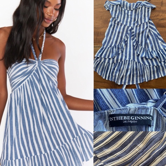 In The Beginning Los Angeles mini white and blue striped dress - Picture 1 of 14